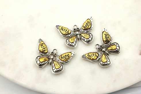 Faith & Hope Antique Gold Butterfly Pendants Silver Gold Butterfly Pendant Faith Charm Hope Charm 31mm x 22mm, sold as 1 piece.